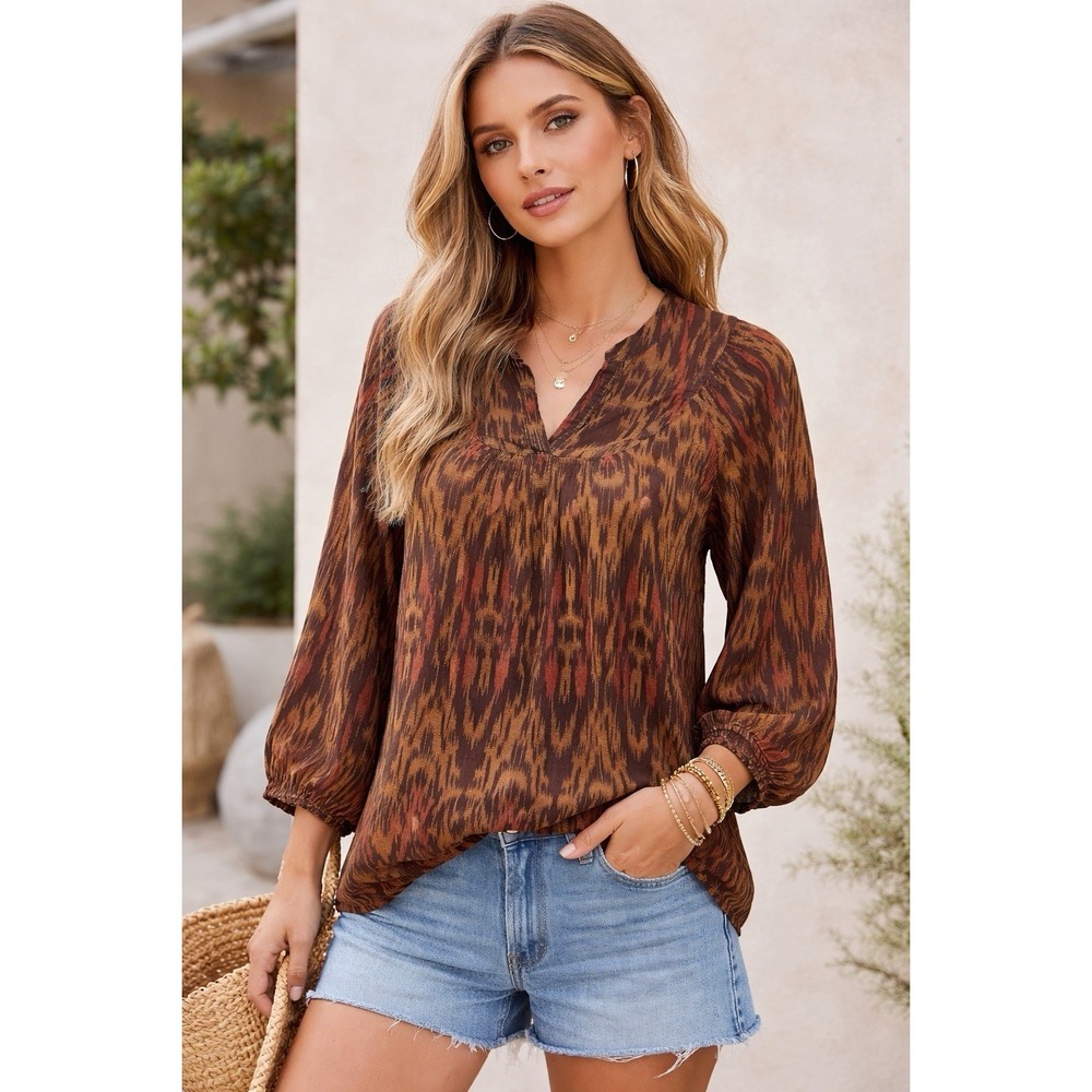 John Robshaw Lucky Ikat Tunic Blouse XL Boho Cotton Silk Brown‎ Tribal